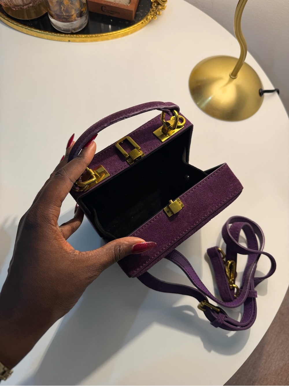 Brandon Blackwood Deep Purple Suede Top Handle Box Bag with Gold Hardware - Picture 3 of 10